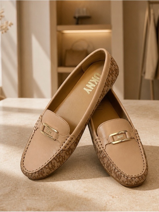 Dkny Shoes - 2418 - DKNY Tan Monogram Logo Loafers Driver Moccasins Gold Hardware Size 8M